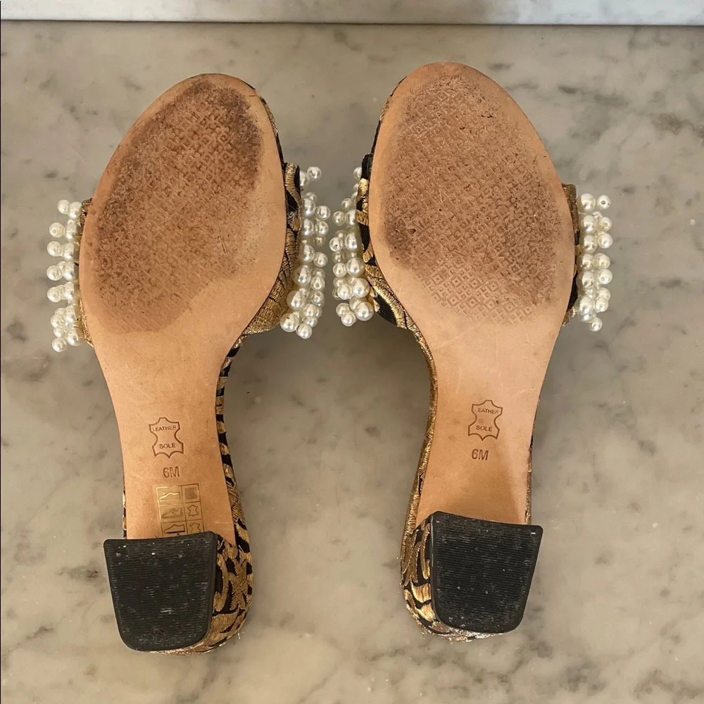 TORY BURCH Tatiana White Pearl Black Gold Brocade Slides Sandal 6M